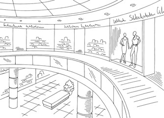 Shopping mall graphic black white interior sketch illustration vector