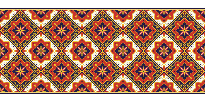 Tile Border Pattern Vector Seamless. Ceramic Blue And Red Ornament Texture. Portuguese Azulejos, Spanish Mosaic, Mexican Talavera, Sicily Italian Majolica, Moroccan, Damask, Turkish Arabesque Motifs.