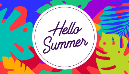Hello summer. Tropical background in boho style. Bright colorful floral modern pattern with white circle and text message Hello Summer. Poster template vector design. Vector Illustration