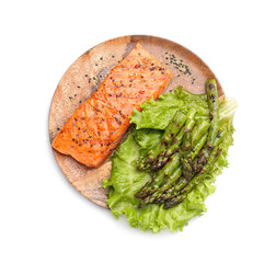 Cooked asparagus with salmon on white background