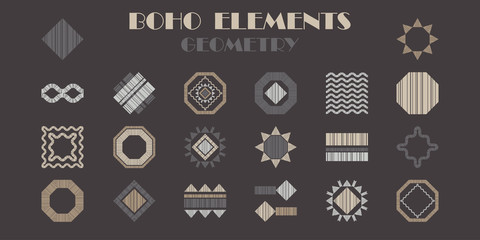 Obraz na płótnie Canvas A set of BOHO elements. Geometry. Design with manual hatching. Ethnic boho ornament. Tribal motif. Vector illustration for web design or print.