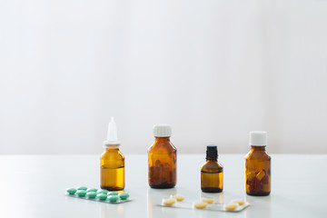 medicine bottle on table on white background