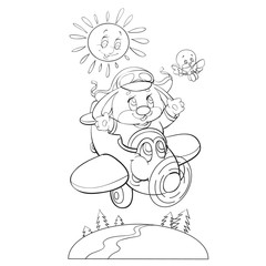 sketch of a hare character who flies on a cartoon airplane and a bird flutters beside them and the sun smiles, coloring, isolated object on a white background, vector illustration,