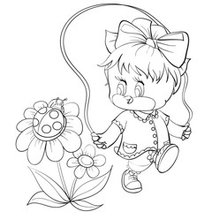 sketch of a chicken character with a bow on his head jumps over a rope and a bug sits on a flower and watches it, coloring, isolated object on a white background, vector illustration,
