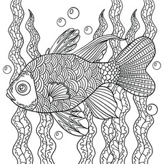 Hand drawn vector illustration of a fish. Black and white line art with doodle and decorative elements for print, books. Coloring book page.