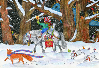 The boy rides a horse. Fairytale forest. Bright illustration in ink and colored pencils. Cute illustration for the decor and design of posters, postcards, prints, stickers, invitations, textiles.