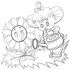 Fototapeta premium sketch of a character a mouse with a bow on his head watering a larger flower that she is grateful to, coloring, isolated object on a white background, vector illustration,