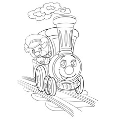 sketch of a dog character riding a train with big eyes, coloring, isolated object on a white background, vector illustration,
