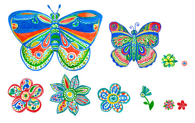 Fototapeta premium Butterfly flower watercolor set. Floral ornamental pattern. Hand made colorful art design as kid illustration for cloth, fabric