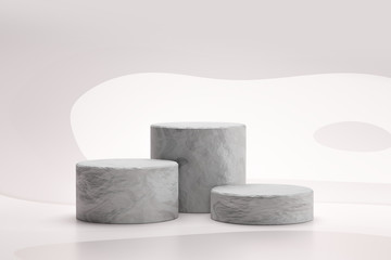 Stone showcase or rock podium stand on abstract white background with marble concept. Pedestal of...
