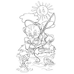 sketch of the character of a kitten who, together with a mouse, stands on the shore and fishes for fishing, coloring, isolated object on a white background, vector illustration,