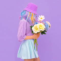 Vanilla Summer girl with flowers. Blooming romantic vibes. Monochrome colors trends.