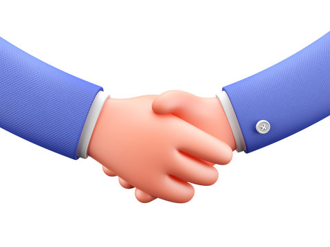 Two man in blue suits shaking hands isolated on white background. Cartoon style. 