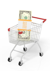 Shop trolley with a very big wad of dollars. White background. 3D illustration