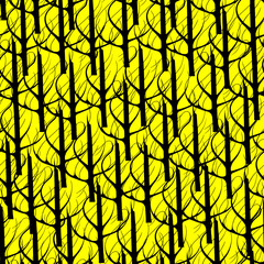 Bright acidic abstract seamless pattern. Black trees on a yellow background