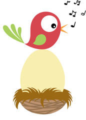 Fototapeta premium Cute bird singing on top of egg in nest 