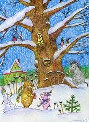 A bear, a donkey and a pig walk in the winter. Bright illustration in ink and colored pencils. Cute illustration for the decor and design of posters, postcards, prints, stickers, invitations, textiles