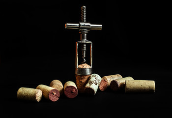 Different used wine corks and corkscrew on black background
