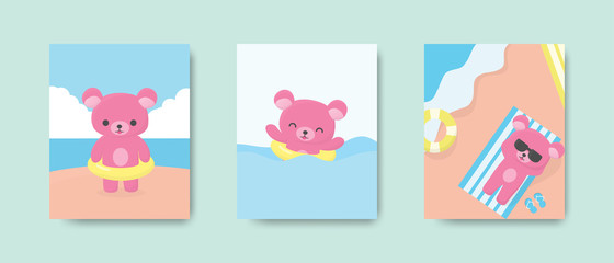 Happy cute bear postcard or poster on the beach in summer season. Vector illustration.