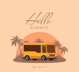 Summer holidays vector illustration,flat design beach with car and surf