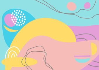 Fun hand drawn colorful shapes, doodle objects and lines, dots collage, modern trendy abstract pattern background for design. Pink yellow blue purple pastel colors