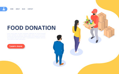 The concept of giving food to the needy. A guy in a protective mask and gloves distributes food to people during the coronavirus pandemic.