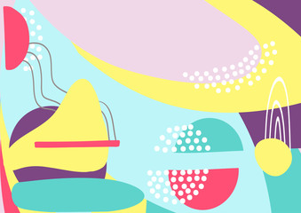 Fun hand drawn colorful shapes, doodle objects and lines, dots collage, modern trendy abstract pattern background for design. Pink yellow blue purple pastel colors