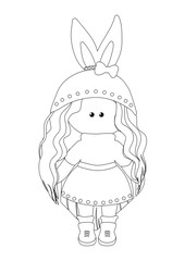 Coloring book or cartoon vector Illustration of beautiful doll for children. Black outline drawing on white background. Fashion illustration. Kids clothing.