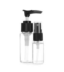 Bottles of disinfectants on white background