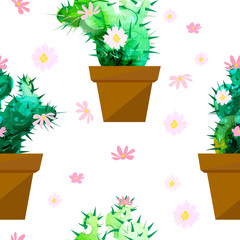 A seamless background of a cactus in a pot. Vector illustration