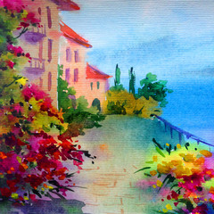 Fototapeta na wymiar Watercolor colorful bright textured abstract background handmade . Mediterranean landscape . Painting of architecture and vegetation of the sea coast , made in the technique of watercolors from nature