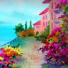 Watercolor colorful bright textured abstract background handmade . Mediterranean landscape . Painting of architecture and vegetation of the sea coast , made in the technique of watercolors from nature