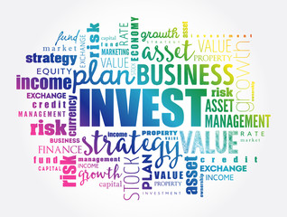 Invest word cloud collage, business concept background
