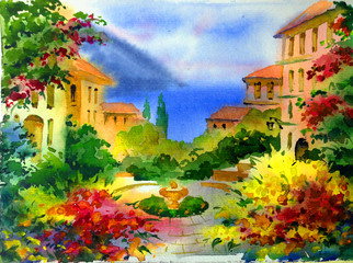 Watercolor colorful bright textured abstract background handmade . Mediterranean landscape . Painting of architecture and vegetation of the sea coast , made in the technique of watercolors from nature