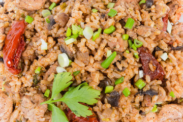 Background of paella with meat close-up