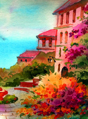 Watercolor colorful bright textured abstract background handmade . Mediterranean landscape . Painting of architecture and vegetation of the sea coast , made in the technique of watercolors from nature
