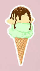 Vectorized ice cream scoops sticker overlay with a white border on a pink background