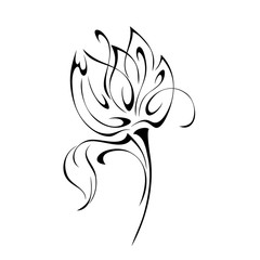 stylized flower Bud on a short stem with a leaf in black lines on a white background