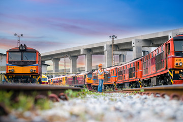 Portrait engineer under inspection and checking construction process railway switch and checking...