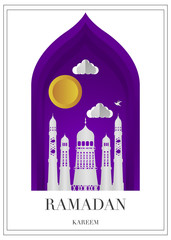 Fototapeta na wymiar Vector Ramadan Kareem card. Vintage paper banner with mosque, moon, stars, sun and cloud for holy Ramadan wishing. Arabic decor in Eastern style. Islamic muslim background.