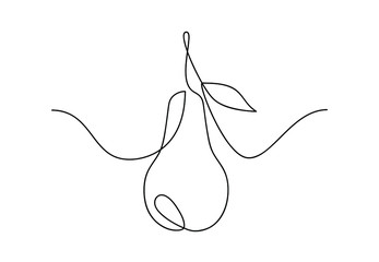 Continuous line drawing of pear. Minimalistic poster with hand drawn fruit made of one line. Simple linear sketch isolated on white background. Vector illustration