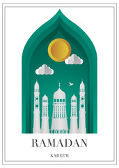 Vector Ramadan Kareem card. Vintage paper banner with mosque, moon, stars, sun and cloud for holy Ramadan wishing. Arabic decor in Eastern style. Islamic muslim background.