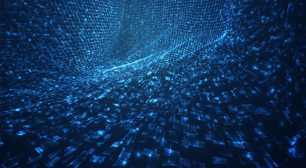 vector blue stream of luminous particles and crystals, virtual data