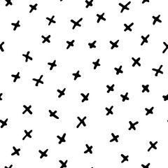 Seamless neutral doodle pattern. Black hand-drawn crosses on a white background. Scandinavian cozy ornament. Vector illustrations with geometric shapes for wallpaper, posters, wrapping paper, textiles