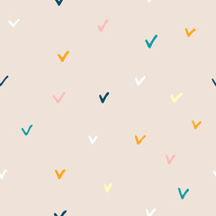 Seamless Scandinavian doodle pattern. Black, pink, blue, gold hand-drawn check marks on a pastel background. Vector cozy stock illustrations for wallpaper, posters, wrapping paper, textiles, prints
