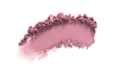 Eyeshadow, blush swatch. Face makeup powder texture. Pink eye shadow stroke isolated on white...