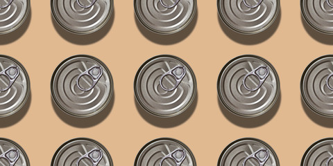 Canned food background. Seamless pattern of tin cans top view