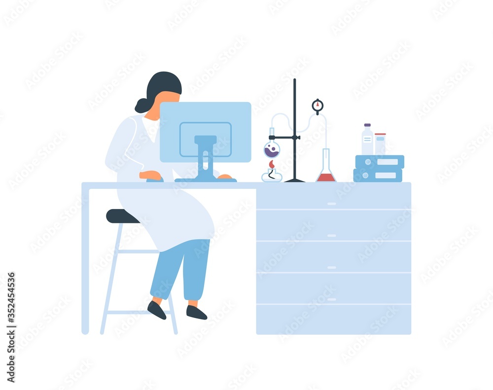Poster focused female scientist sitting at desk working on computer vector flat illustration. woman in whit