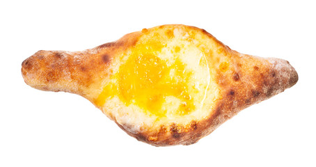 georgian cuisine - top view of Adjarian khachapuri with egg isolated on white background