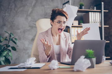 Close-up portrait of nice attractive desperate mad lady throwing documents yelling burn-out looking...